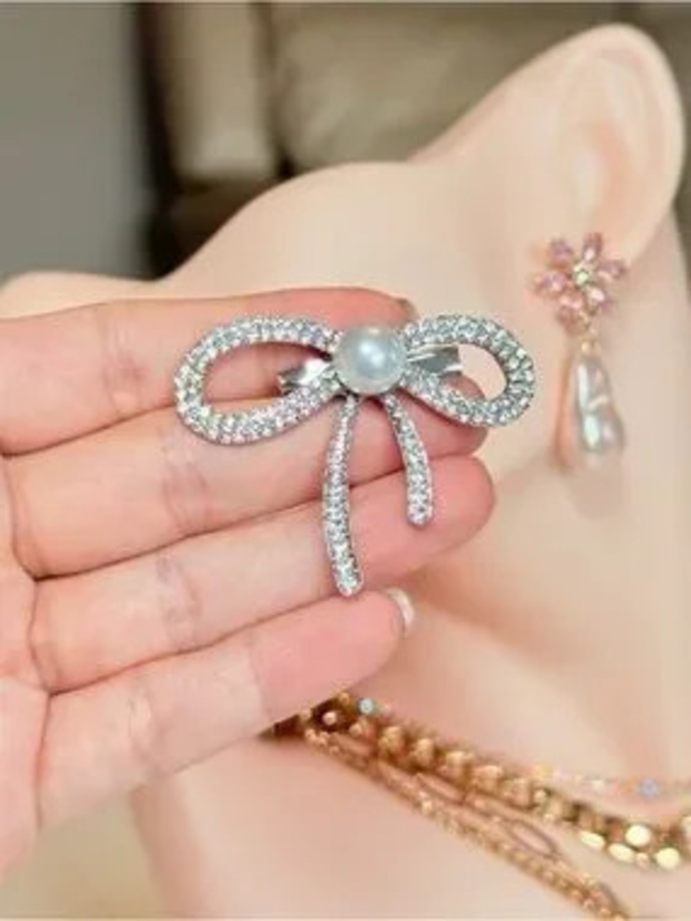 Silver Bow Brooch with Pearl and Crystals